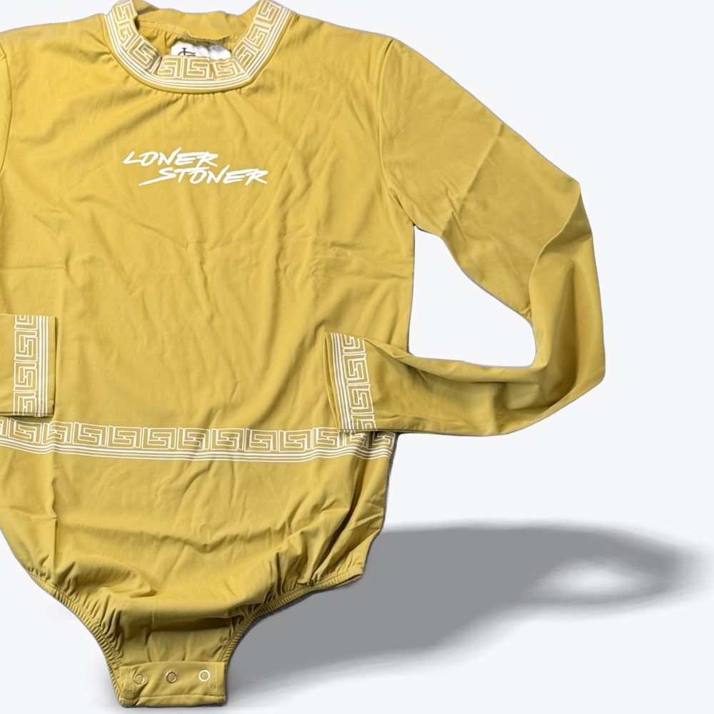 Loner Stoner Mustard Yellow Greek Key Long‎ Sleeve Bodysuit Y2K 2XL Streetwear